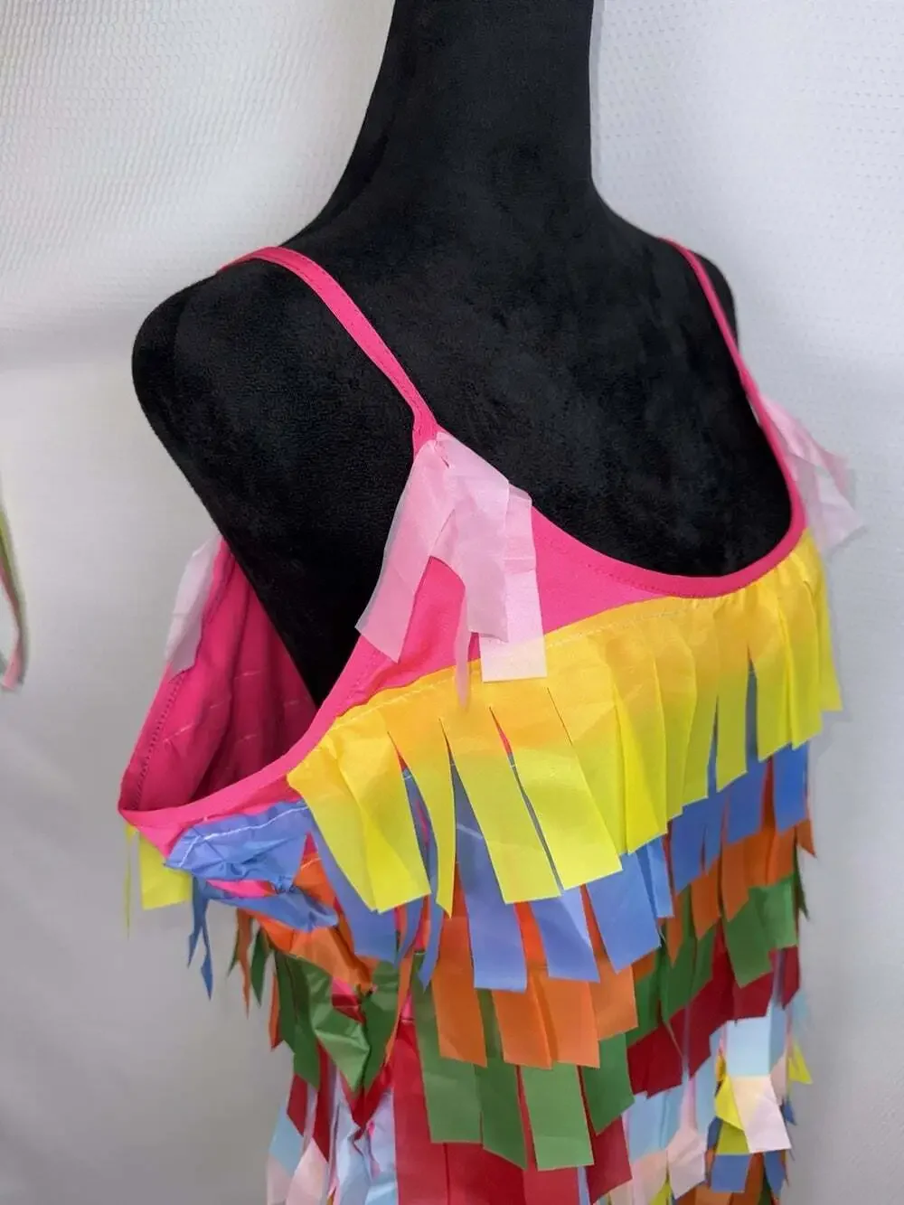 Womens XL Rainbow Fringe Piñata Halloween Costume Dress Headpiece Leg Warmer Set
